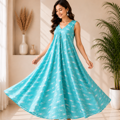 Turquoise Blue Printed Cotton Flared Maxi Dress