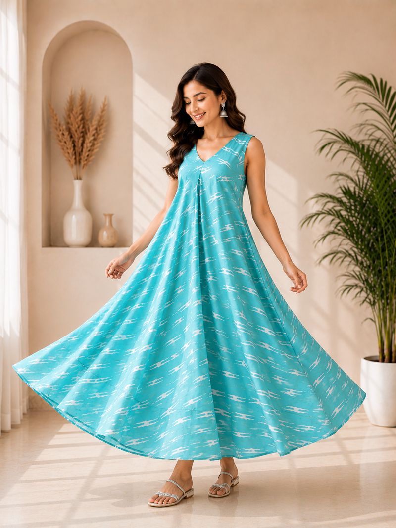 Turquoise Blue Printed Cotton Flared Maxi Dress