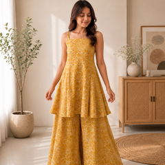 Mustard Yellow Cotton Peplum Top & Flared Palazzo Set