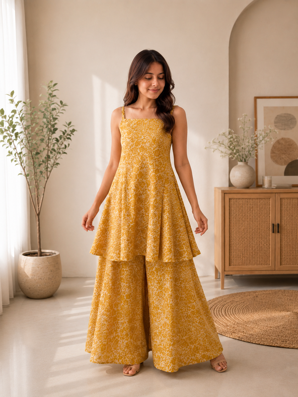 Mustard Yellow Cotton Peplum Top & Flared Palazzo Set