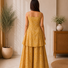 Mustard Yellow Cotton Peplum Top & Flared Palazzo Set