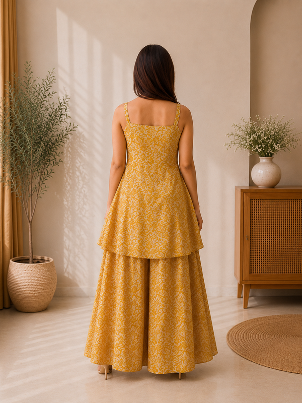 Mustard Yellow Cotton Peplum Top & Flared Palazzo Set