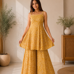 Mustard Yellow Cotton Peplum Top & Flared Palazzo Set