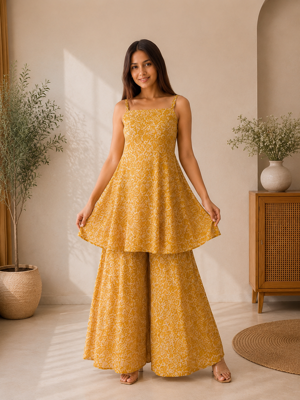 Mustard Yellow Cotton Peplum Top & Flared Palazzo Set