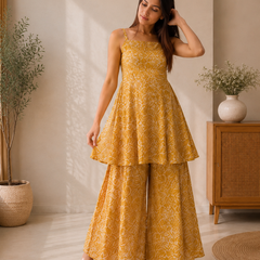Mustard Yellow Cotton Peplum Top & Flared Palazzo Set