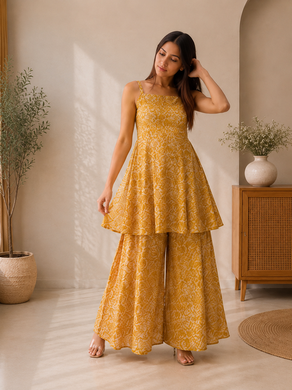 Mustard Yellow Cotton Peplum Top & Flared Palazzo Set