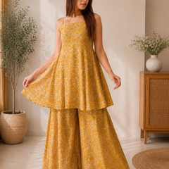 Mustard Yellow Cotton Peplum Top & Flared Palazzo Set