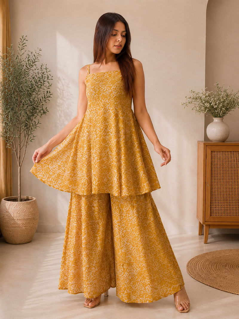 Mustard Yellow Cotton Peplum Top & Flared Palazzo Set