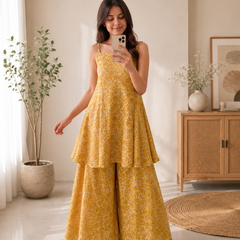 Mustard Yellow Cotton Peplum Top & Flared Palazzo Set
