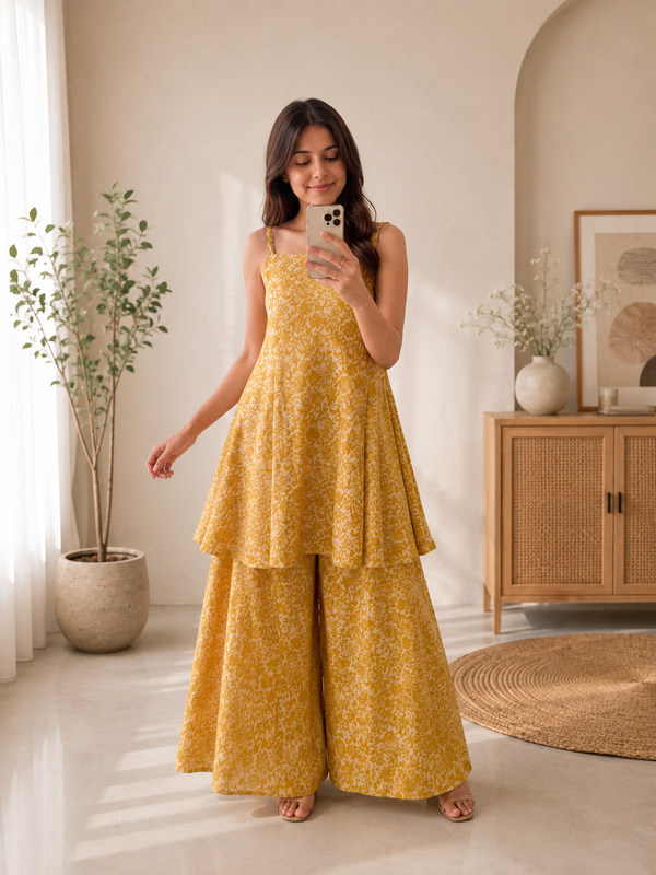 Mustard Yellow Cotton Peplum Top & Flared Palazzo Set