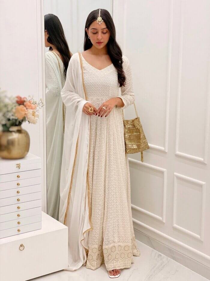White Chikankari Anarkali set (SET OF 2) - Image 3