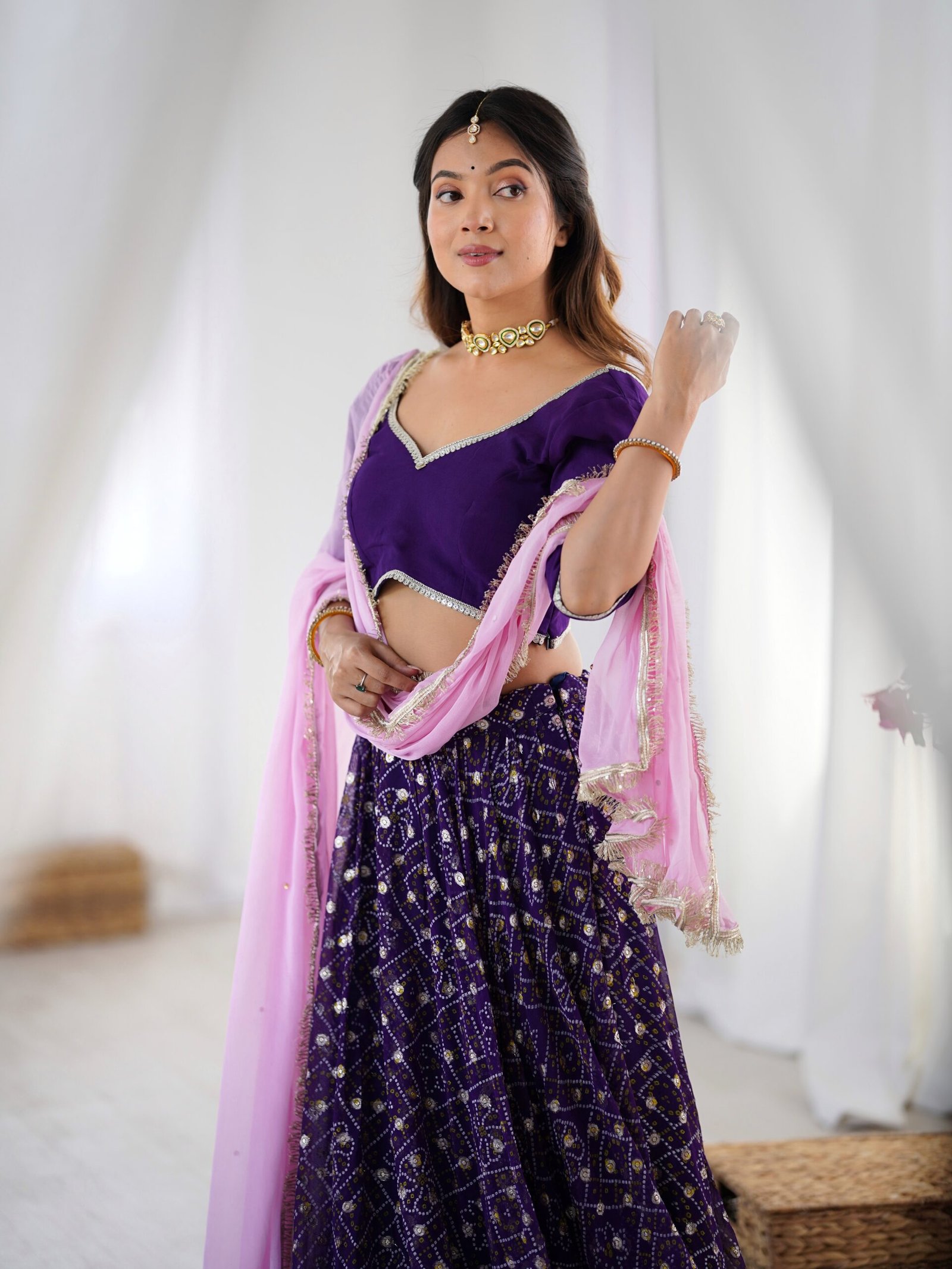 Rangpur Noor-e-Bandhani Purple Lehenga Set with Pink Dupatta