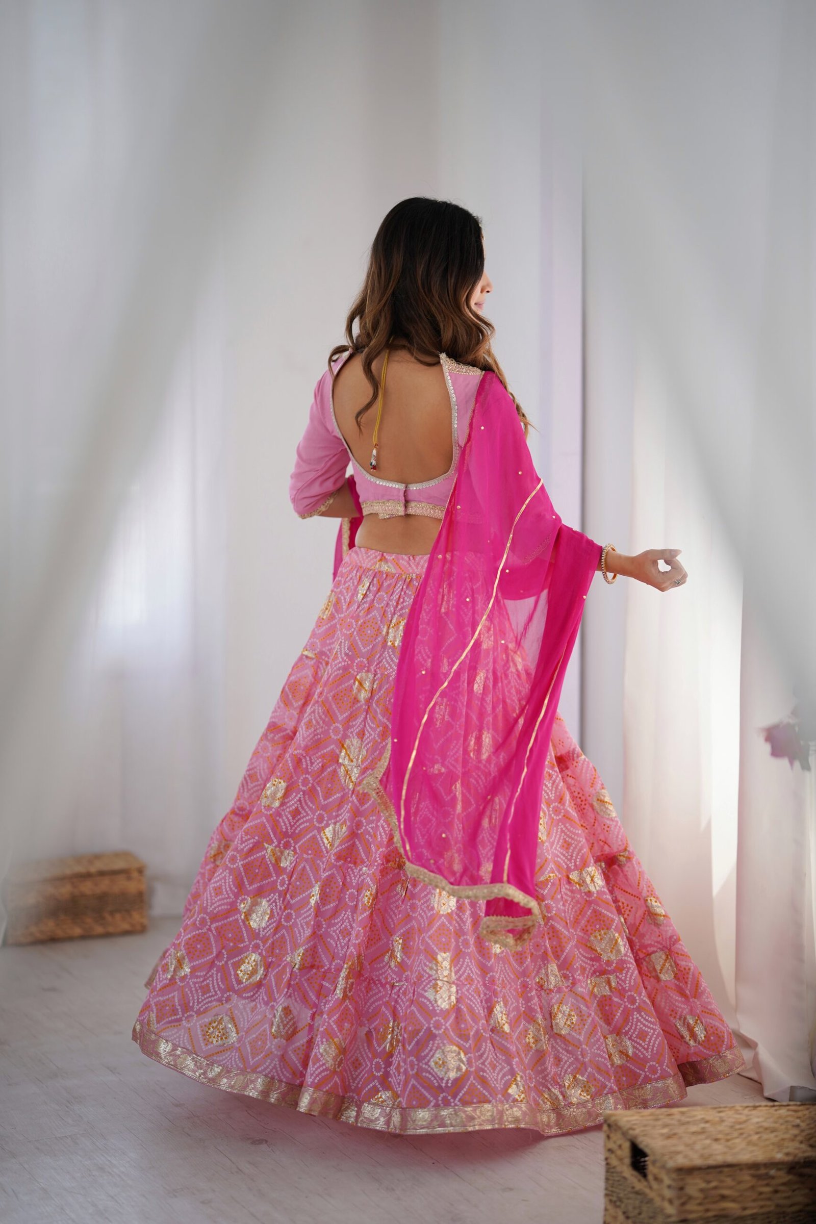 RANGPUR Pink Bandhani Silk Lehenga Set with Unstitched Blouse Fabric - Image 5