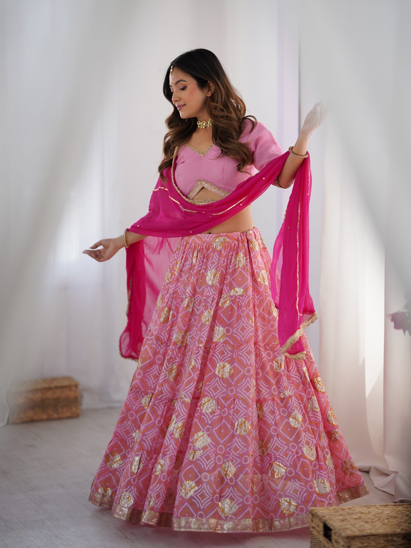 RANGPUR Pink Bandhani Silk Lehenga Set with Unstitched Blouse Fabric - Image 3