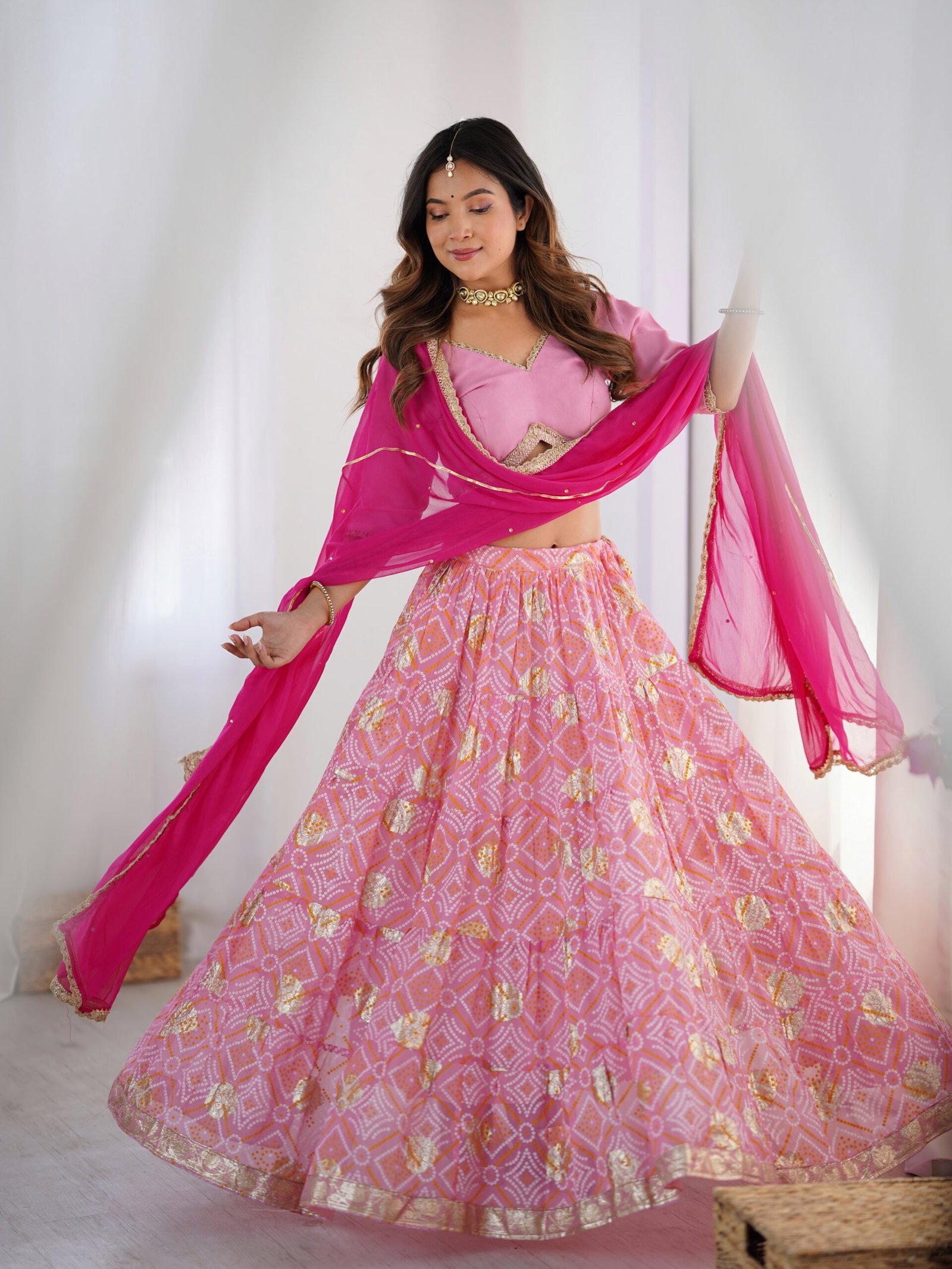 RANGPUR Pink Bandhani Silk Lehenga Set with Stitched Blouse - Image 6