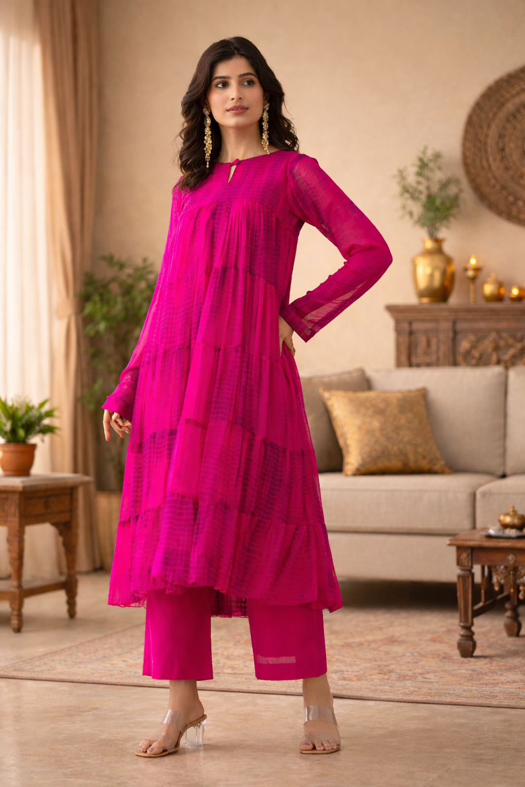 Rangpur Rani Pink Chiffon Tiered Kurta Set