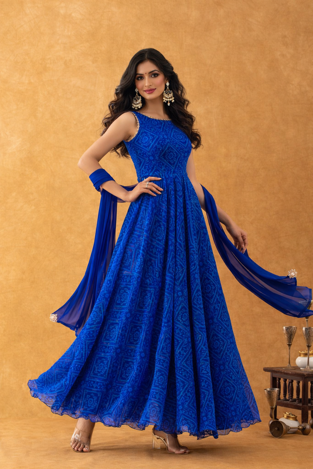 Royal Blue Printed Chiffon Anarkali Gown with Dupatta for Women | Rangpur