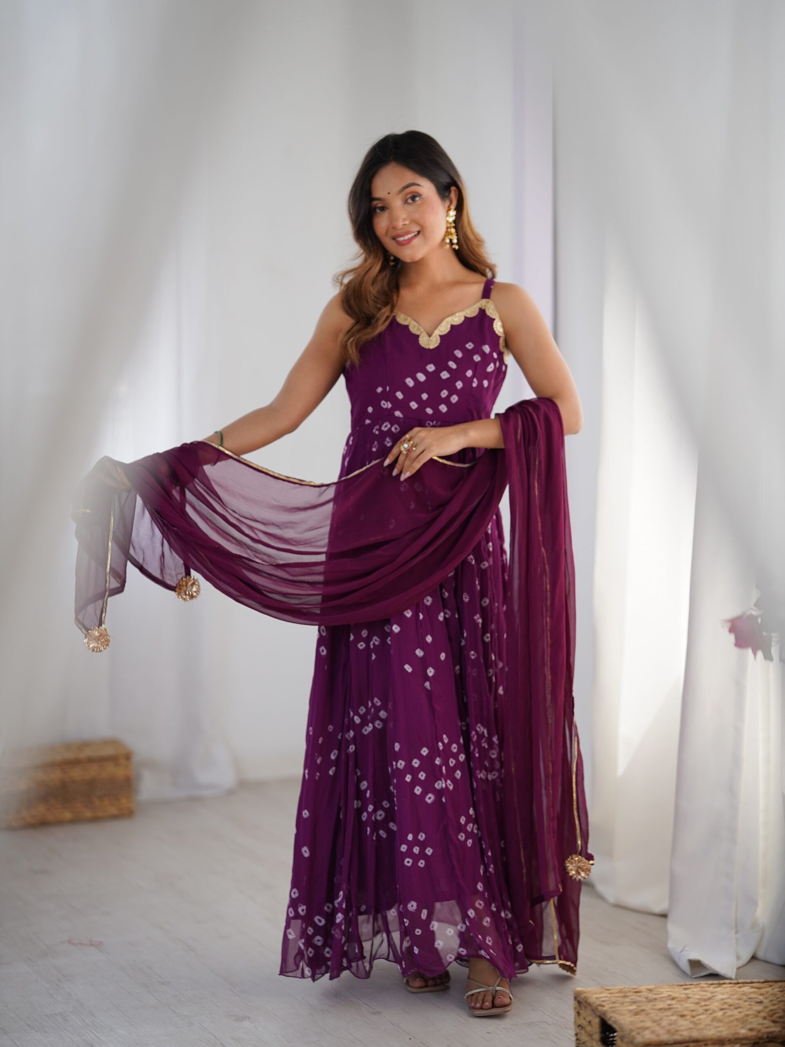 Wine Gulzar Bandhani Anarkali Set with Dupatta