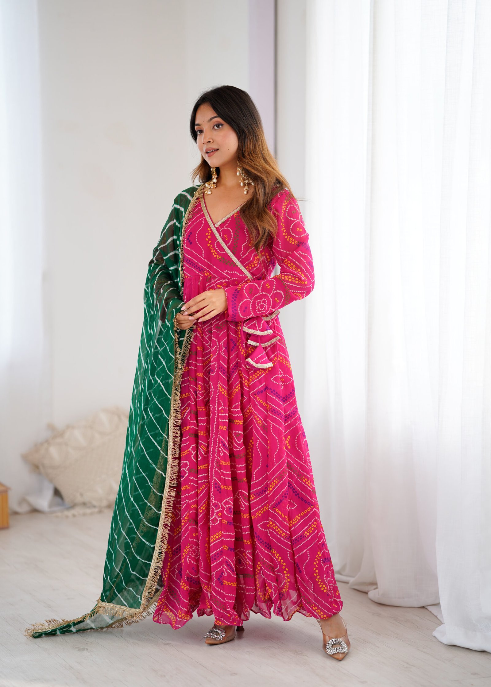 Gulabi Leheriya Georgette Anarkali Set with Chiffon Dupatta - Image 5