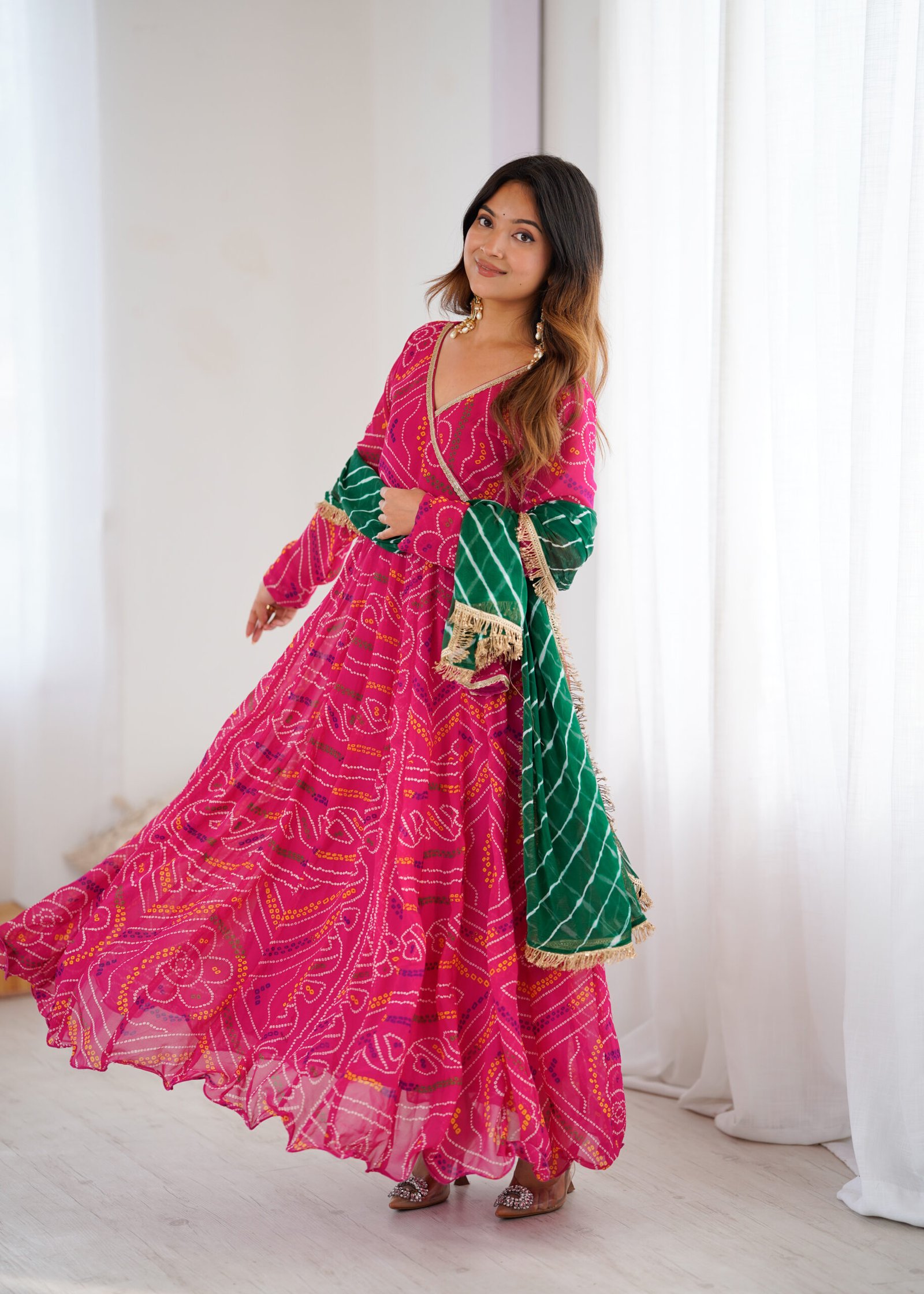 Gulabi Leheriya Georgette Anarkali Set with Chiffon Dupatta