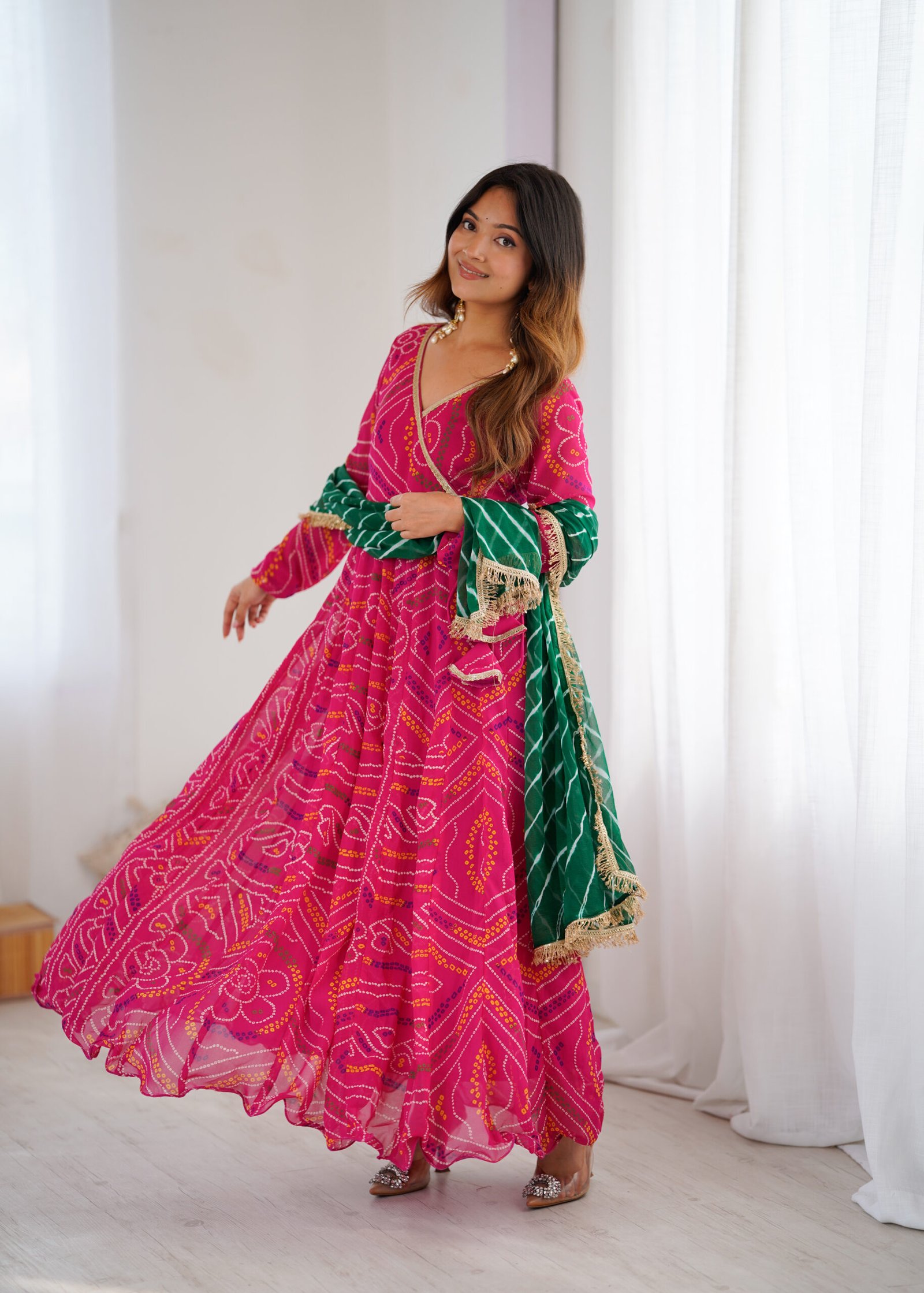 Gulabi Leheriya Georgette Anarkali Set with Chiffon Dupatta - Image 8