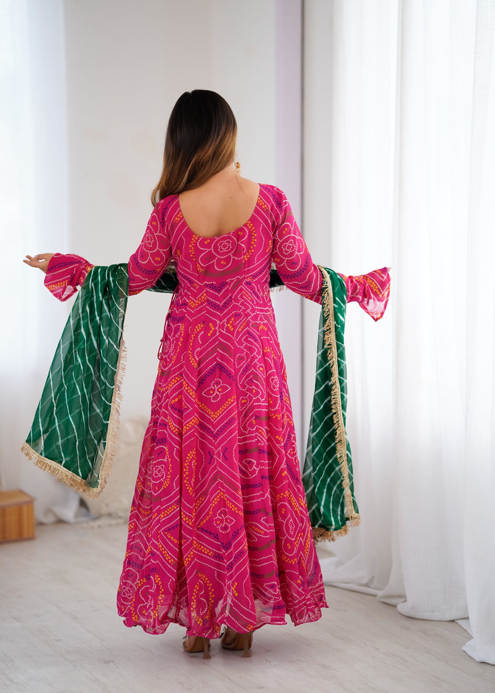 Gulabi Leheriya Georgette Anarkali Set with Chiffon Dupatta - Image 9