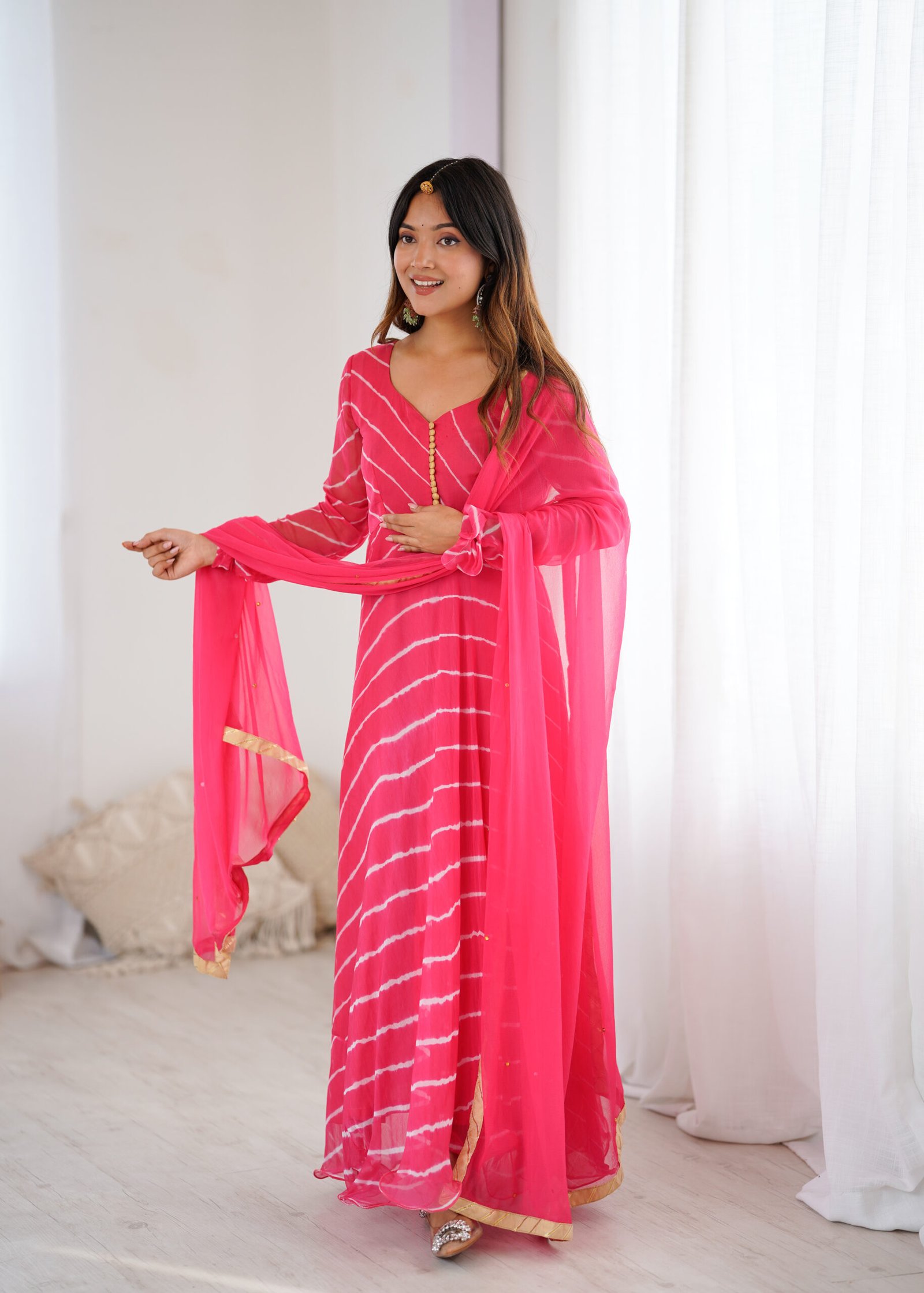 Rani Leheriya Pink Georgette Anarkali Set with Chiffon Dupatta