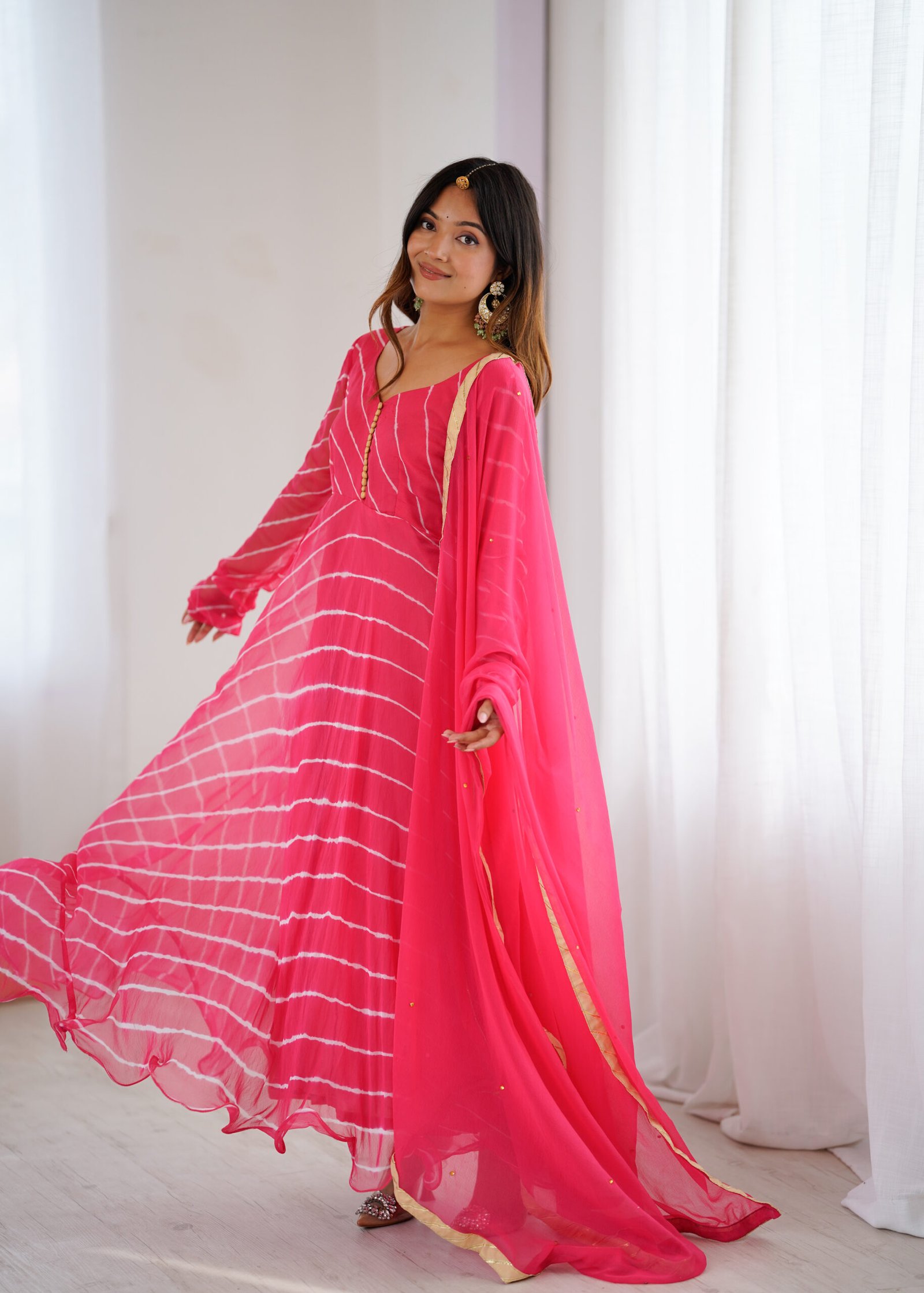 Rani Leheriya Pink Georgette Anarkali Set with Chiffon Dupatta - Image 7