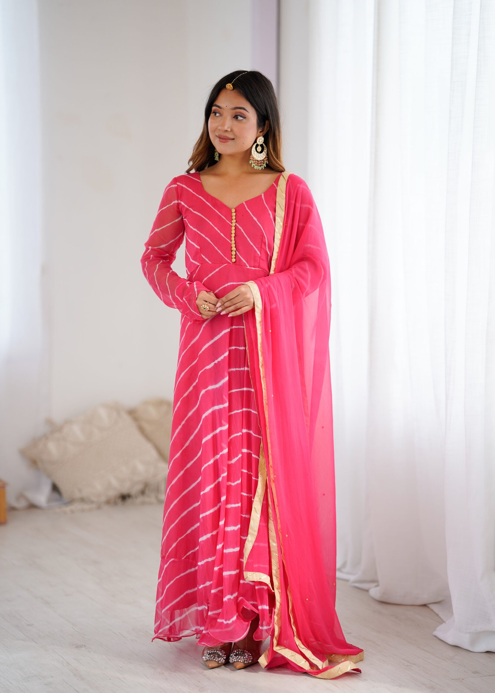 Rani Leheriya Pink Georgette Anarkali Set with Chiffon Dupatta - Image 3