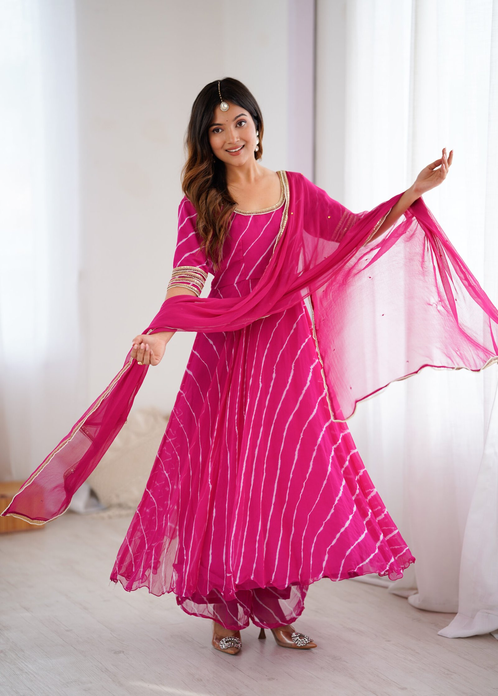 Noor Leheriya Chiffon Anarkali Palazzo Set with Dupatta